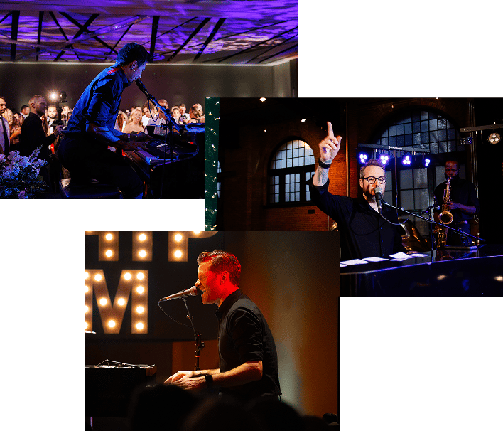 collage of team playing the piano at events